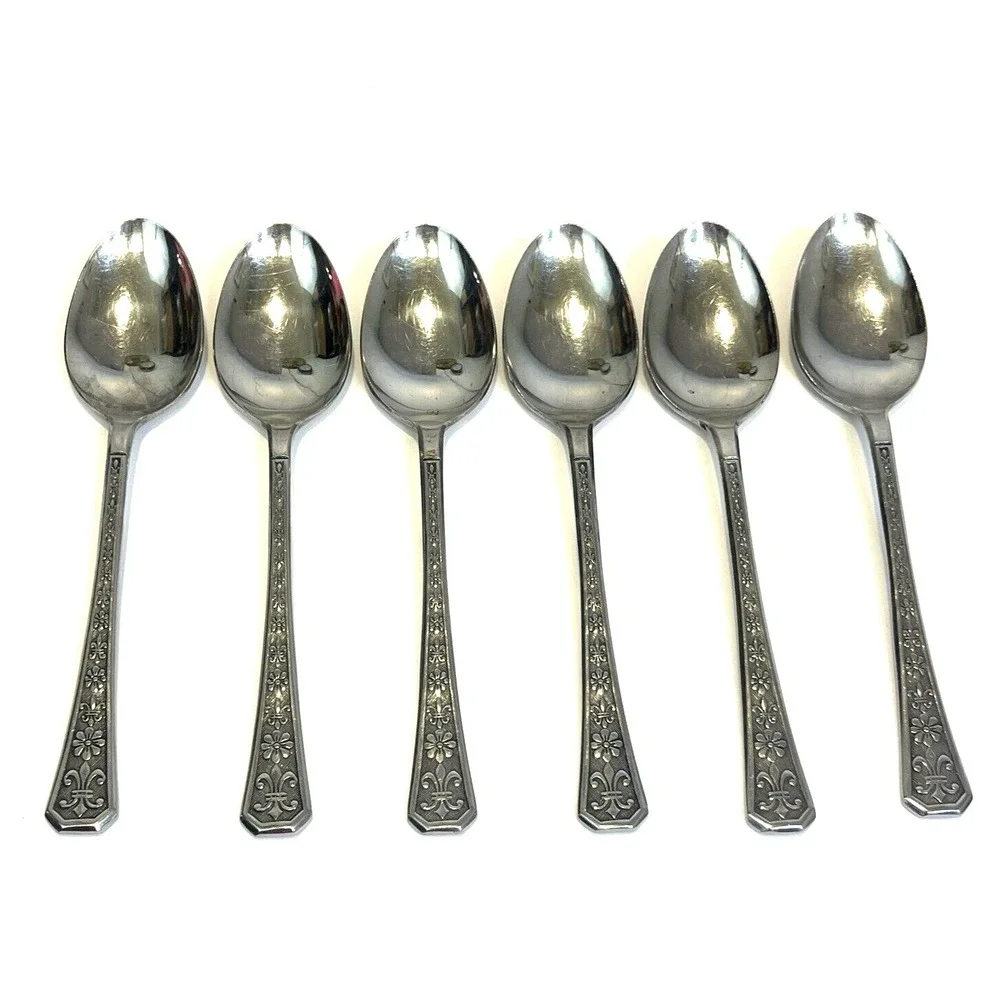 6 Florenz Interpur Japan Soup Spoons Stainless 8 Petal Flower 7.25 Inch Vintage
